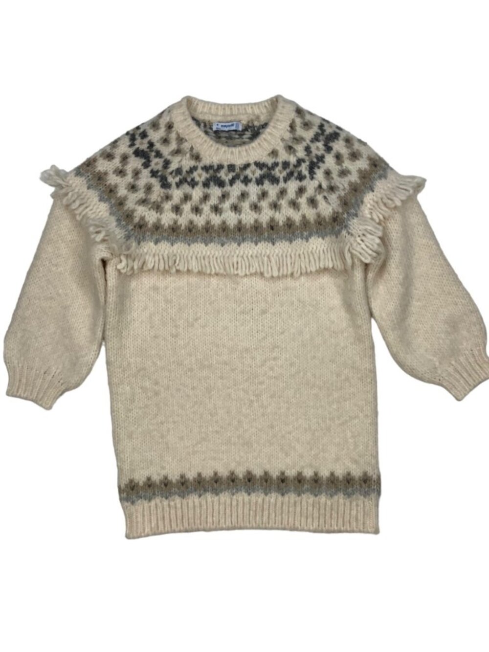Mayoral Jacquard Knit Dress Girl 4 104cm Ivory Fringe Fair Isle